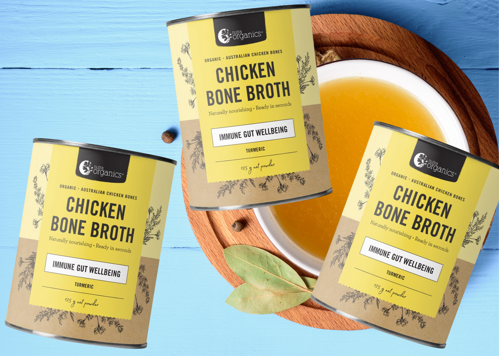 BRAND: Nutra Organics   Chicken Bone Broth Turmeric is naturally nourishing with curcumin, zinc & B vitamins to support immunity, energy and gut wellbeing.~ Ready in seconds, as tasty and nutritious as homemade and easy to take on the go!