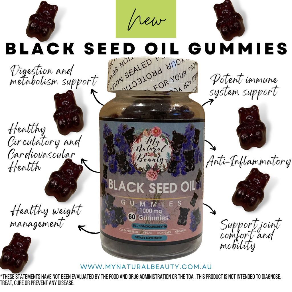  BLACK SEED OIL GUMMIES- 60 Gummies    BLACK SEED OIL GUMMY BEARS. COLD-PRESSED.  MAXIMUM POTENCY. VEGAN. NON-GMO.    1000mg of Black Seed Oil per serving. 2% Thymoquinone (TQ).