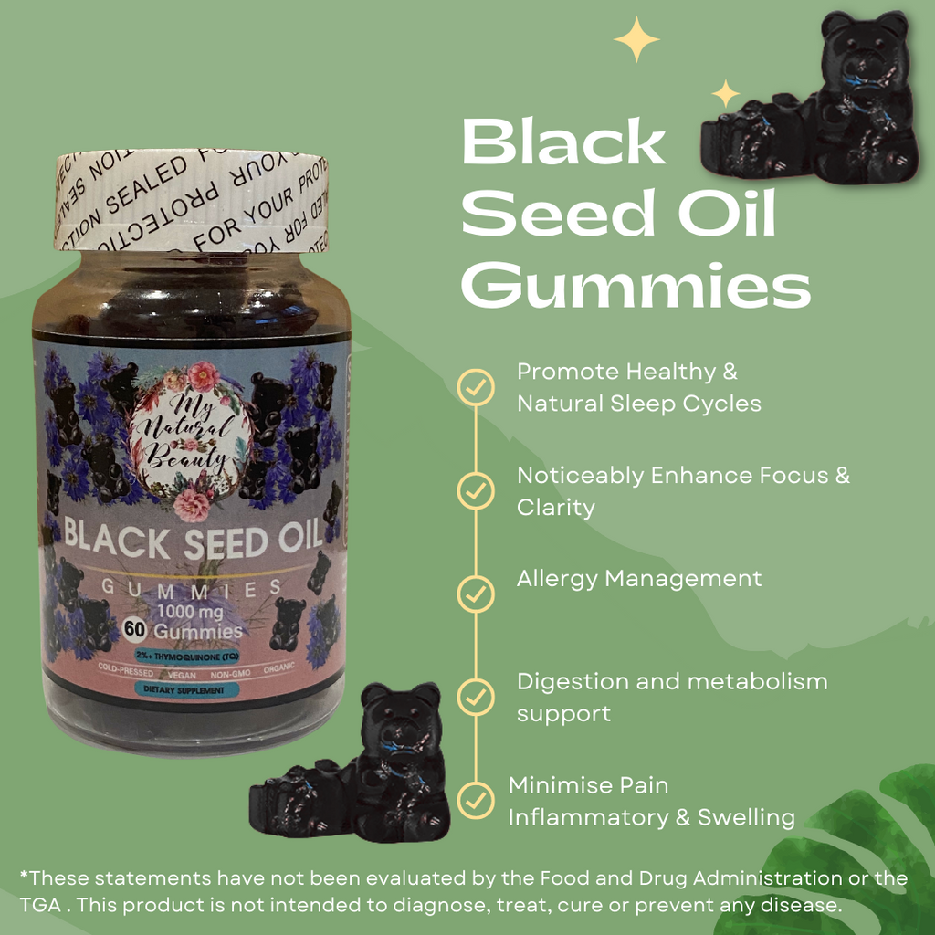  BLACK SEED OIL GUMMIES- 60 Gummies        NEW PRODUCT!       BLACK SEED OIL GUMMY BEARS. COLD-PRESSED.  MAXIMUM POTENCY. VEGAN. NON-GMO.        1000mg of Black Seed Oil per serving. 2% Thymoquinone (TQ).   And Black Seed Oil Capsules Australia.