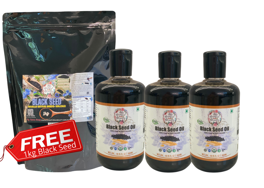 Organic Black Seed Oil. Bulk 900ml. 3 x 300ml Bottles. Buy online Sydney Australia. FREE Shipping PLUS a FREE 1kg Bag of Black Seed (Nigella Sativa Seed).
