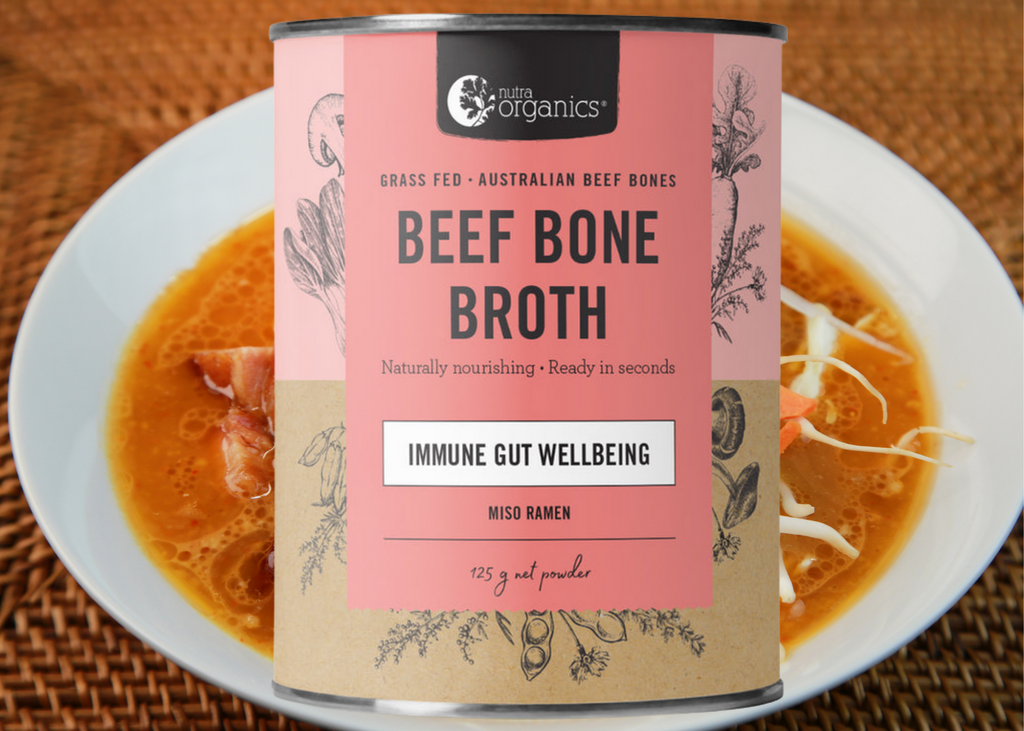 Beef Bone Broth Miso Ramen - 125g       BRAND: Nutra Organics   Beef Bone Broth Miso Ramen is a naturally nourishing instant ramen bone broth with zinc and B vitamins to support immunity, energy and gut wellbeing.~ Ready in seconds, as tasty and nutritious as homemade and easy to take on the go. 