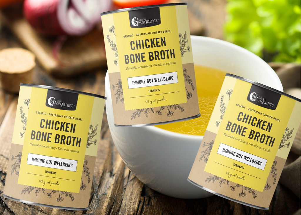 BRAND: Nutra Organics   Chicken Bone Broth Turmeric is naturally nourishing with curcumin, zinc & B vitamins to support immunity, energy and gut wellbeing.~ Ready in seconds, as tasty and nutritious as homemade and easy to take on the go!