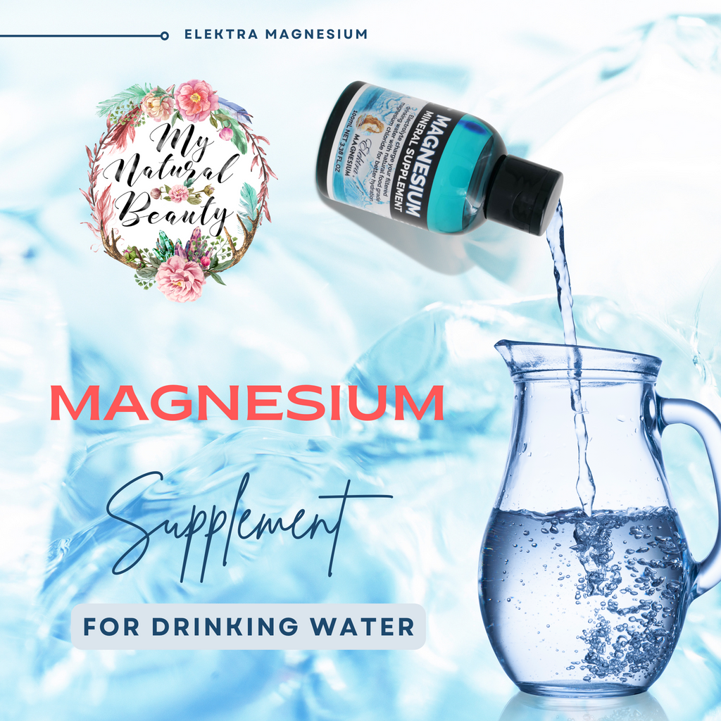 Magnesium Mineral Supplement for Drinking Water 100mL  Brand: Elektra Magnesium   Add liquid magnesium chloride (certified food grade) drops to filtered drinking water to charge it with electrolytes. It mimics natural spring water from the mountains. Tastes great with velvety smooth texture. It's easier to drink more for better hydration.  Improve hydration at a cellular level with electrolyte drops supplement for drinking water.