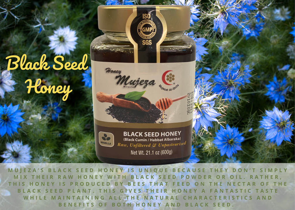 What Makes Mujeza Black Seed Honey Unique?  Mujeza’s Black Seed Honey is unique because they don’t simply mix their raw honey with black seed powder or oil. Rather, this honey is produced by bees that feed on the nectar of the black seed plant. 
