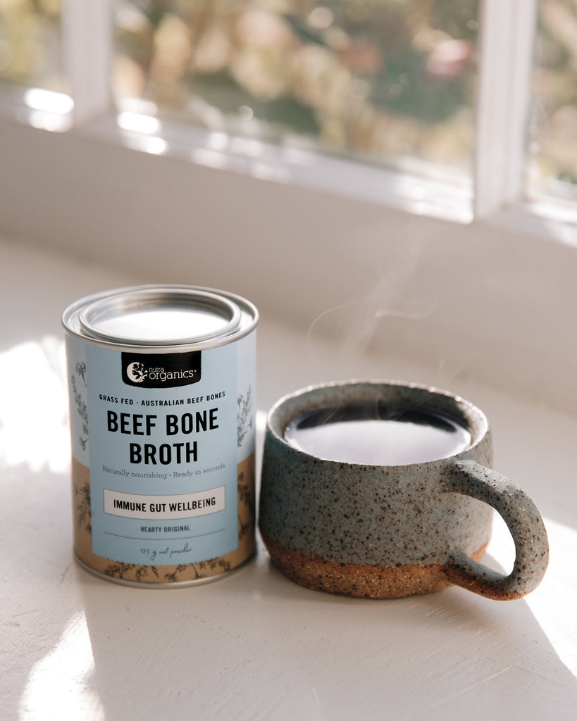 Beef Bone Broth Hearty Original- 125g       BRAND: Nutra Organics   Beef Bone Broth Hearty Original is naturally nourishing with a source of protein and collagen, Zinc, and B vitamins to support immunity, energy, and gut wellbeing~  Ready in seconds, as tasty and nutritious as homemade, and easy to take on the go.    Information about this product in this listing is written by Nutra Organics.  