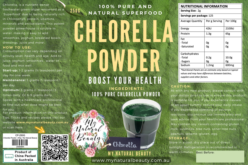 Chlorella Powder- 250g   100% Pure Chlorella Powder, Nothing Added, No Fillers, No Nasties   100% Pure and Natural Superfood. Boost your health.      Chlorella, is a nutrient-dense freshwater green-algae and is renowned as a ‘Superfood’ due to being naturally rich in Chlorophyll, protein, vitamins, minerals and antioxidants. This potent powder powerhouse is soluble in water, making it easy to add to water, smoothies, juice and more!