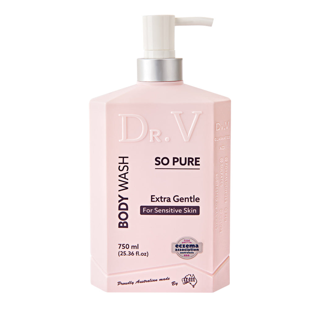 DR.V SO PURE Extra Gentle Body Wash is an extra gentle sulphate-free formulation developed to reinvigorate stressed and sensitive skin. You will love the luxurious foam that gently cleanses your body while leaving your skin feeling silky smooth and well hydrated. This soothing body wash may bring relief to the symptoms of eczema and other skin irritations while revitalising your senses.Psoriasis body wash. Eczema body wash. soap.
