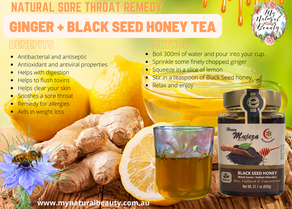 Black Seed honey tea. Black Seed honey for cold and flu. Immune system. Recipe for Black Seed honey and ginger tea.