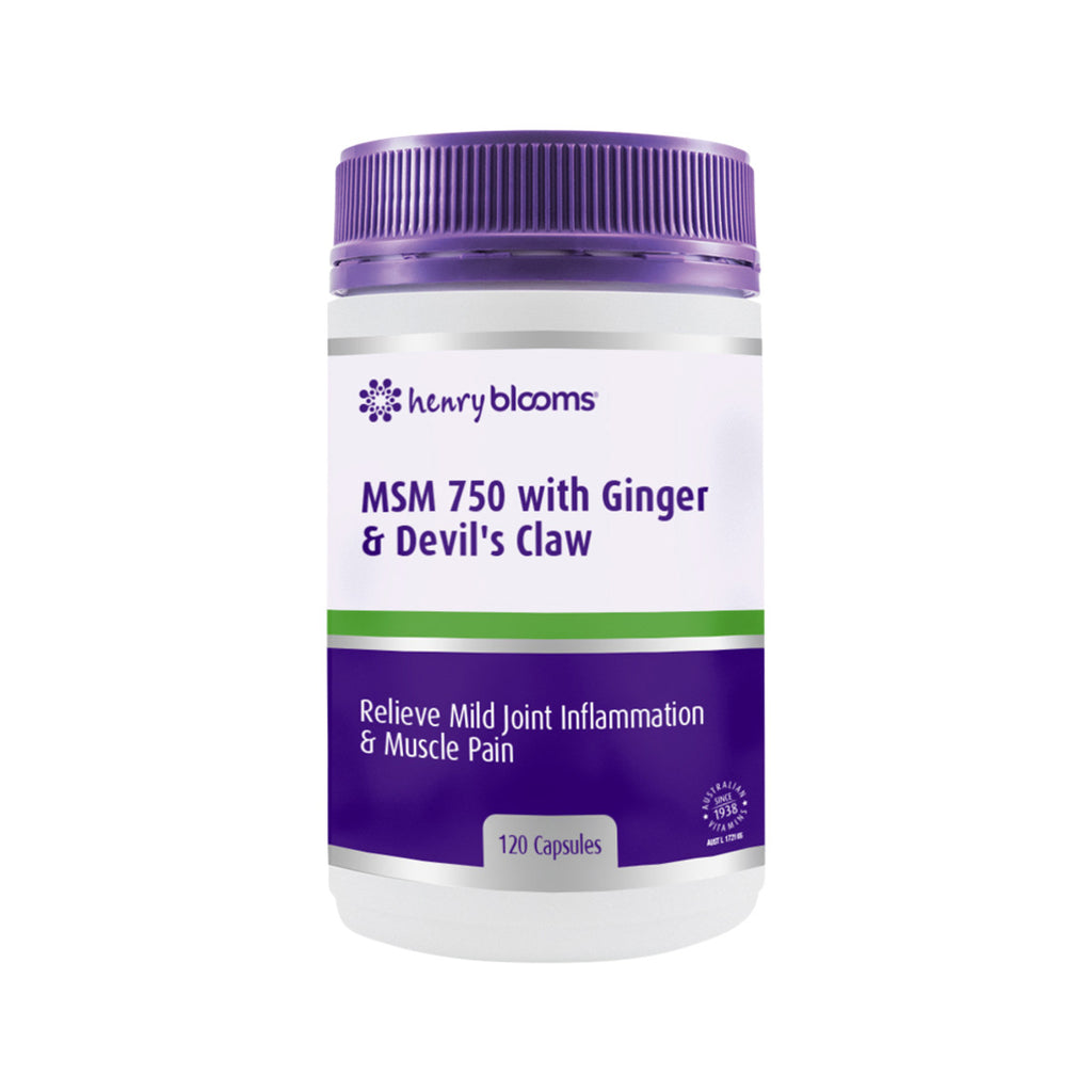 Henry Blooms MSM 750 with Ginger and Devil's Claw 120vc   Formulated to assist in the management of pain and inflammation associated with arthritis or exercise and can provide temporary relief to sore throats and muscles. MSM (Methylsulfonylmethane) is an organic compound that provides sulfur, found in and essential to all body cells, a mineral that supports the structural integrity of cartilage and skin. Ginger has a long history in traditional Asian medicine as an anti-inflammatory.
