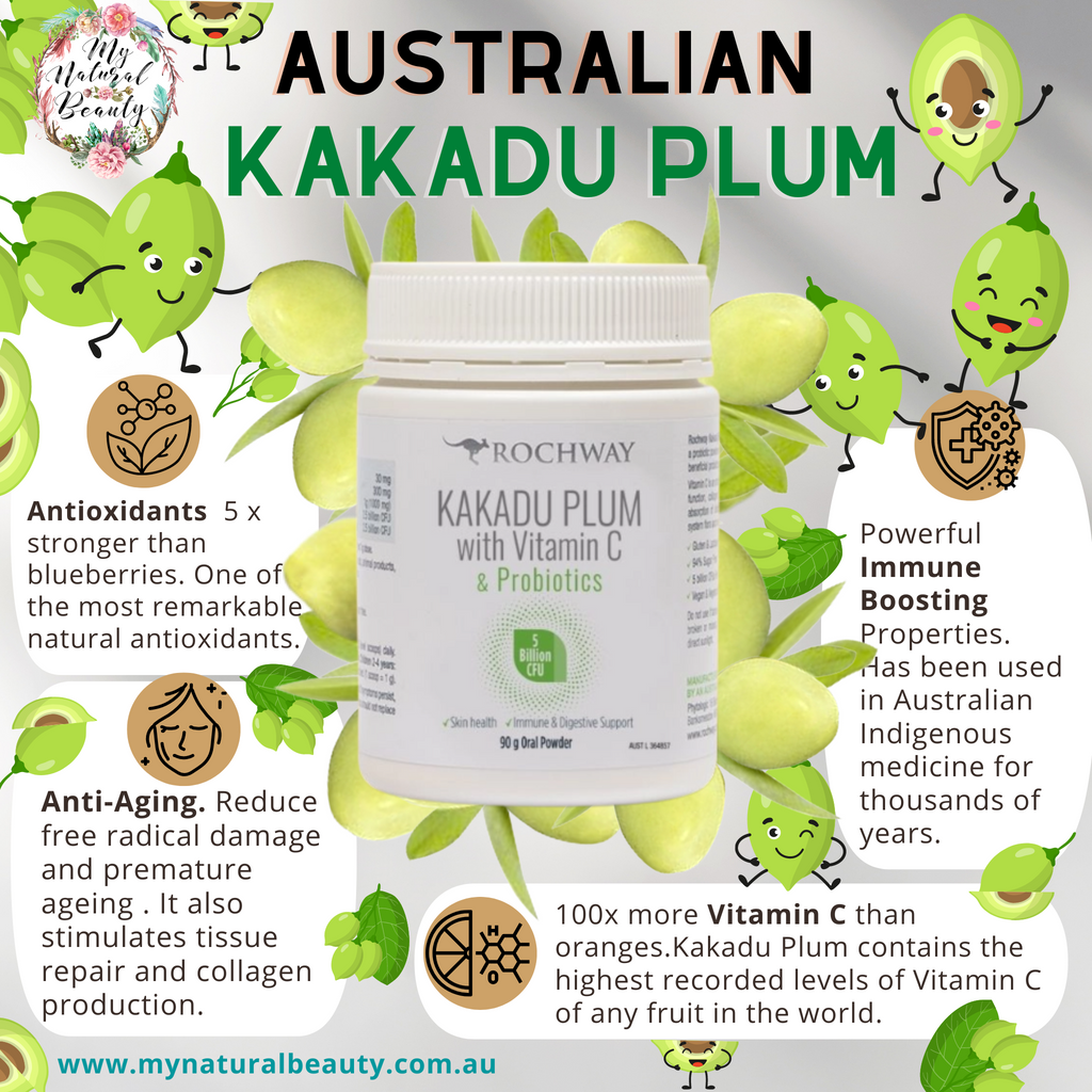 Kakadu Plum with Vitamin C and Probiotics 90 g Oral Powder   Rochway Kakadu Plum contains Australian grown Kakadu Plum in a probiotic powder with 1000mg of vitamin C and 5 billion CFU of beneficial probiotics per dose.   Vitamin C is an antioxidant which supports healthy immune system function, collagen formation, skin health, wound healing and the absorption of dietary iron.