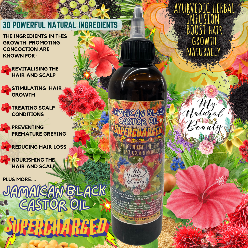 Our Organic Jamaican Black castor oil is the Superstar in this handmade blend along with other growth promoting premium oils infused with Ayurvedic herbs for hair, botanicals and beneficial essential oils for boosting hair growth. 