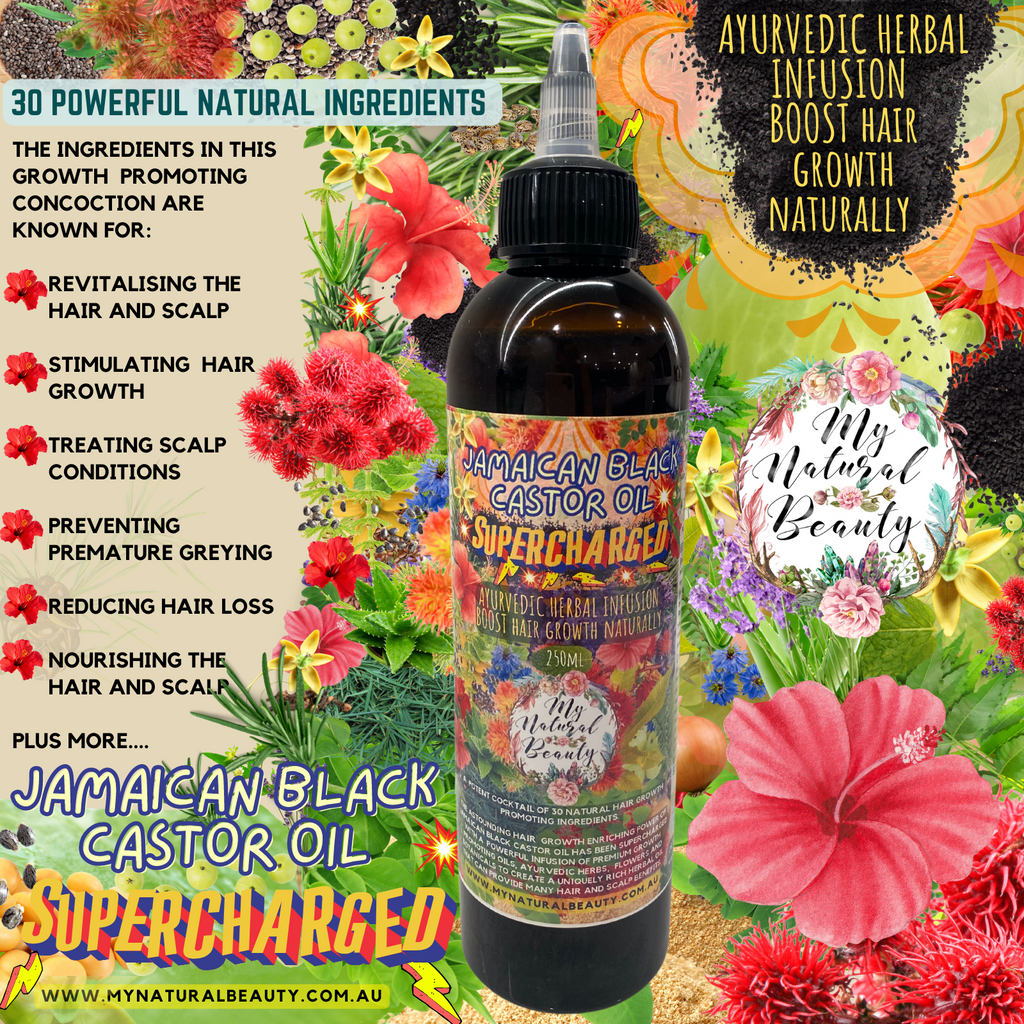 Our Organic Jamaican Black castor oil is the Superstar in this handmade blend along with other growth promoting premium oils infused with Ayurvedic herbs for hair, botanicals and beneficial essential oils for boosting hair growth. 