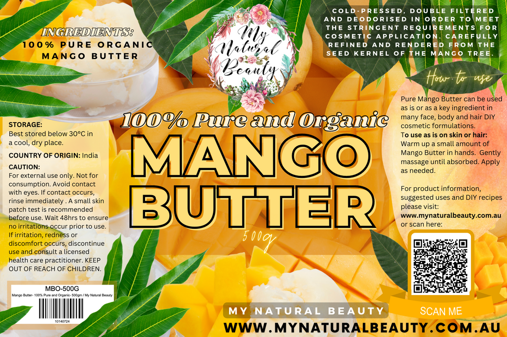 100% Pure and Organic Mango Butter- 500g   PREMIUM COLD-PRESSED MANGO BUTTER. 100% Natural, Pure and Organic.   A wonderful natural product that can be used on its own on the skin and hair or as a wonderful ingredient in many DIY cosmetic hair and beauty formulations.  