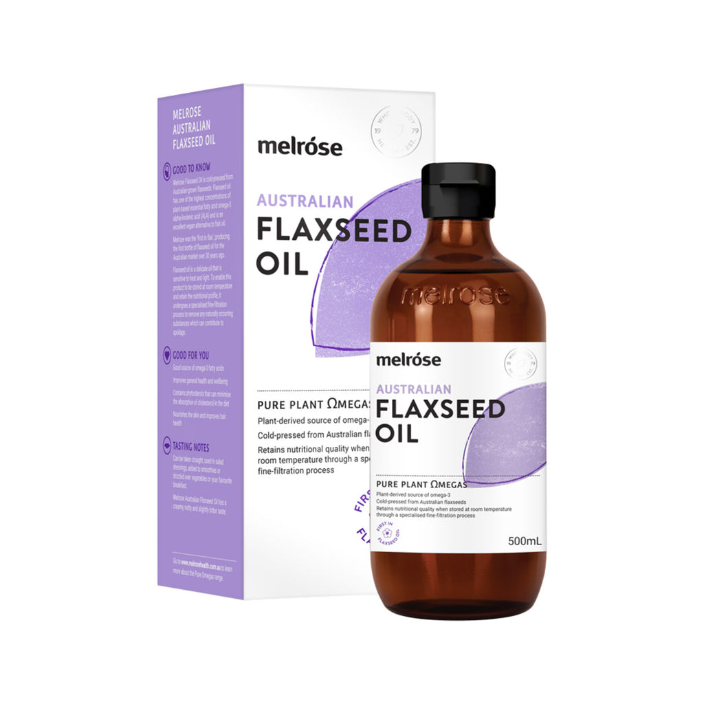 BULK BUY AND SAVE. Melrose Australian Flaxseed Oil 500ml x 4 bottles  ON SALE. FREE SHIPPING FOR ALL ORDERS OVER $60 AUSTRALIA WIDE.     PRODUCT DETAILS:   Melrose Flaxseed Oil is cold-pressed from Australian-grown flaxseeds. Flaxseed oil has one of the highest concentrations of plant-based essential fatty acid omega-3 alpha-linolenic acid (ALA) and is an excellent vegan alternative to fish oil.