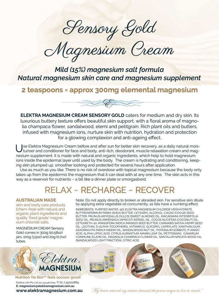Elektra Magnesium Cream- Sensory Gold- 300g (10.58oz) jar