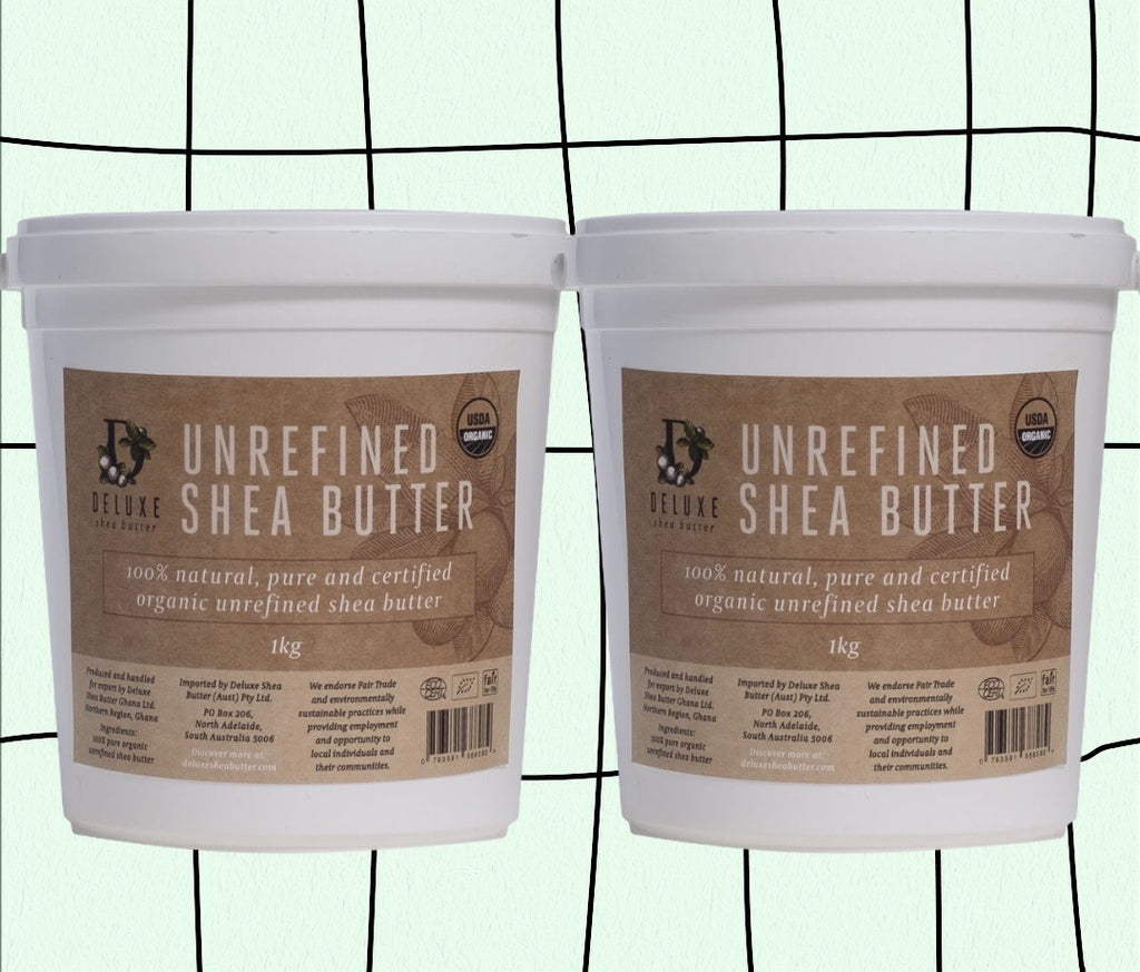 Deluxe Shea Butter - 2x 1kg Tubs  100% natural, pure and certified organic unrefined shea butter  2x 1kg Tubs.   FREE SHIPPING OVER $60 to anywhere in Australia.   Natural Moisturising Shea Butter Skincare. The most amazing Shea Butter avaiable! Premium quality, pure, unrefined, certified organic, hand-crafted, ethically sourced and cruelty free. You cannot get any better than this amazing Shea Butter. 