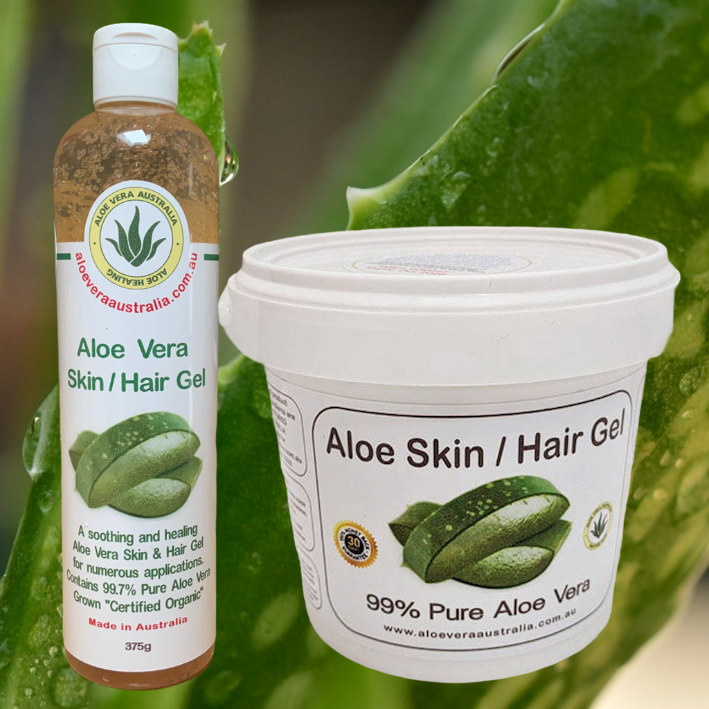 Aloe Vera Gel for skin and hair - 99% PURE ALOE VERA- 375g    Brand- Aloe Vera Australia.  MANUFACTURED IN AUSTRALIA  Description   99% PURE Aloe Vera  INGREDIENTS: 99% INNER LEAF ALOE VERA JUICE, carbomer 940, triethanolamine and Germall plus (Natural Preservative).  This 99% pure Aloe Vera gel:  Is a fragrance free, soothing and moisturising gel. Protects, restores and repairs dry, chapped skin. Helps relieve skin that is damaged by sun and wind. Soothes minor wounds and abrasions. 