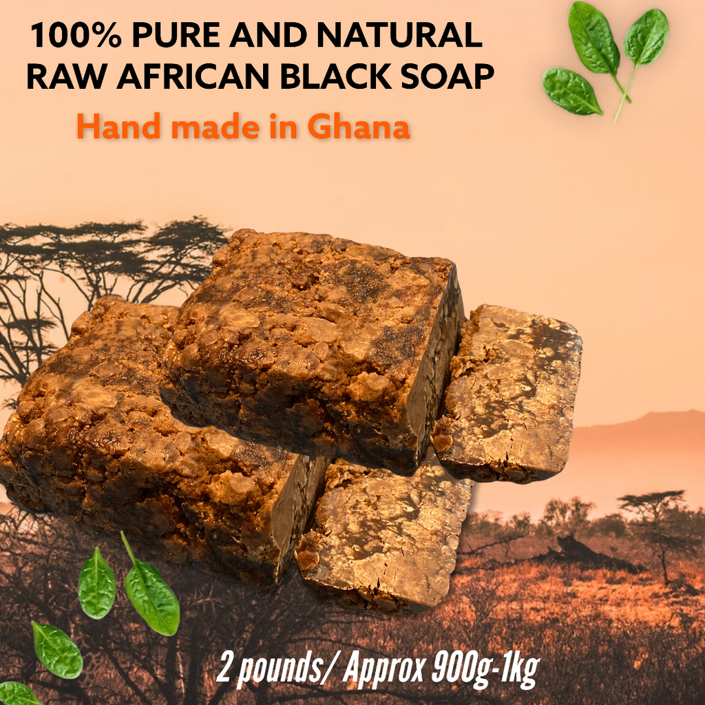 100% PURE AND NATURAL RAW AFRICAN BLACK SOAP – 2lb/ 2 x 450-500g blocks (total weight is 900g-1kg)    THIS ITEM HAS FREE SHIPPING!    Handmade in Ghana, Africa.     SAME GREAT SOAP AS A MORE ECONOMICAL OPTION FOR OUR CUSTOMERS!     2x 1 Pound Blocks (each block weighs between 450-500g. We are selling it as 1 pound/450g however most of the blocks weigh more than this. They are hand cut so weights vary). You will receive 2 x 1 pound blocks.