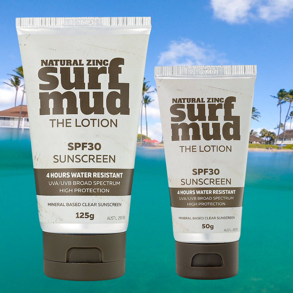    SURFMUD Natural Zinc Sunscreen SPF30 – The lotion     This hydrating, sweat resistant formulation for the face and body protects the skin from the harsh conditions faced by surfers. High protection while avoiding chemical UV filters. Surfmud's SPF30 sunscreen is a 4-hour water-resistant, natural product that provides UVA/UVB broad-spectrum protection without chemicals and nasties. Surfmud The Lotion Zinc Sunscreen is great for the Aussie beach environment. Aussie owned and made it’s perfect to address Au
