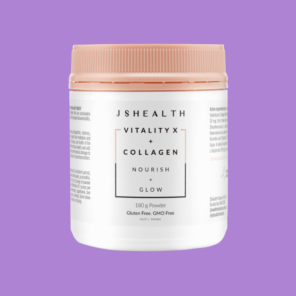 JS Health Marine Collagen. Australian made.The powerful ingredients in our Vitality X + Collagen:  Marine Collagen, Aloe Vera, Turmeric, Siberian Ginseng, Astaxanthin, vitamins, minerals, and amino acids. Collagen supports collagen formation and health, and supports skin hydration and elasticity in females. Astaxanthin maintains and supports the firmness, integrity, structure, and health of the skin. Vitamin C supports collagen formation, vitality, immune system health, connective tissue health, and aids in