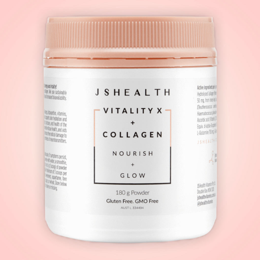 JSHEALTH VITALITY X + COLLAGEN - GLOW POWDER- 180G NOURISH + GLOW  An anti-aging beauty powder containing 10 powerful ingredients to make you glow + Marine Collagen!       DESCRIPTION:    180 g powder – Australian Owned + Made   Gluten Free. GMO Free  Introducing you to JSHealth's first ever inner beauty powder!  Contains 10 chosen ingredients to support your skin, hair and nails, digestive health, energy, and vitality! Vitality X + Collagen contains the purest source of high-quality, hydrolysed collagen. J