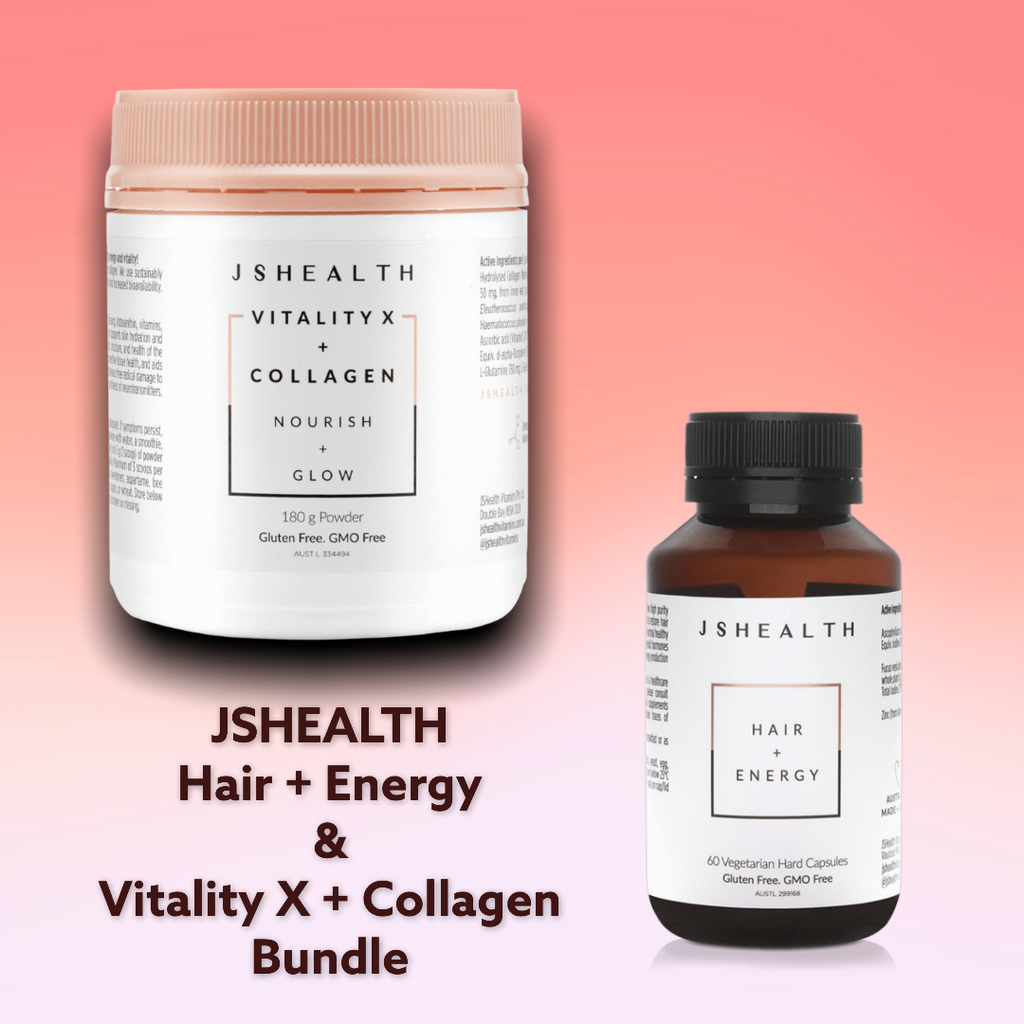 JS Health Hair and Energy- 60 Capsules and  Vitality X + Collagen -Glow Powder- 180g   The ultimate beauty bundle for hair, skin and wellbeing  A DETAILED DESCRIPTION OF EACH PRODUCT IS BELOW:  JSHEALTH VITALITY X + COLLAGEN - GLOW POWDER- 180G NOURISH + GLOW  An anti-aging beauty powder containing 10 powerful ingredients to make you glow + Marine Collagen!