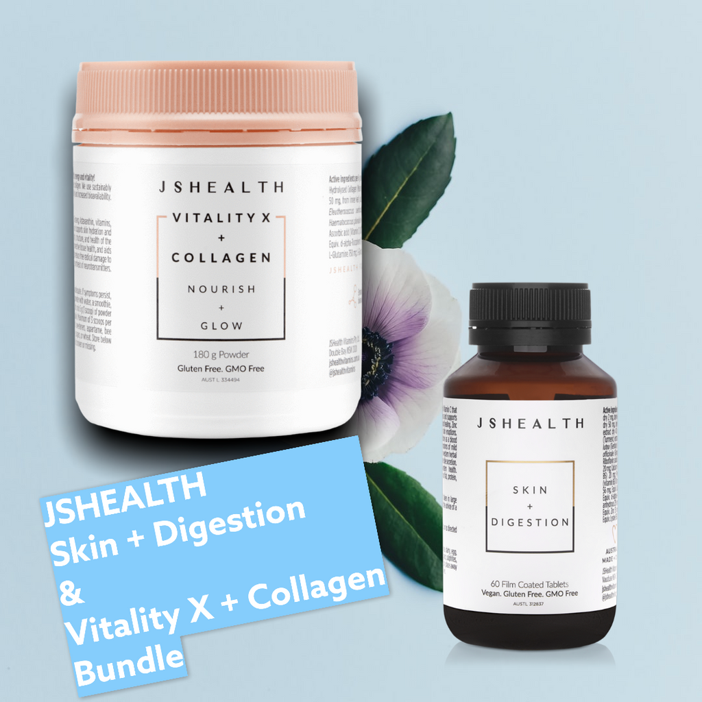 JS Health Skin + Digestion- 60 Capsules and  Vitality X + Collagen -Glow Powder- 180g   The ultimate beauty bundle for hair, beauty, digestion and overall wellbeing. JS Health. Free shipping over $60
