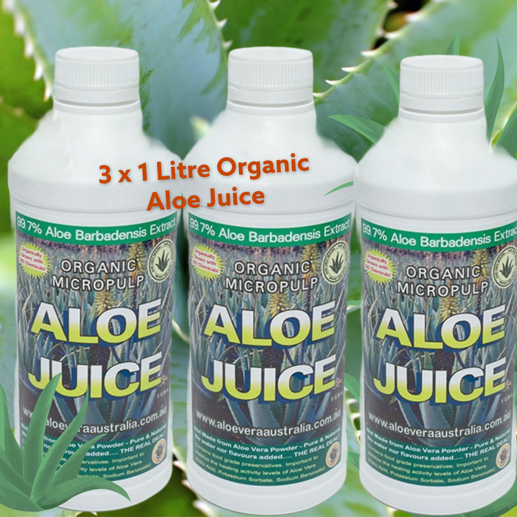 3x 1 Litre Organic Aloe Juice (Micropulp). 99.7% Pure Food grade Aloe Vera Juice for drinking. Free Shipping over $60.00