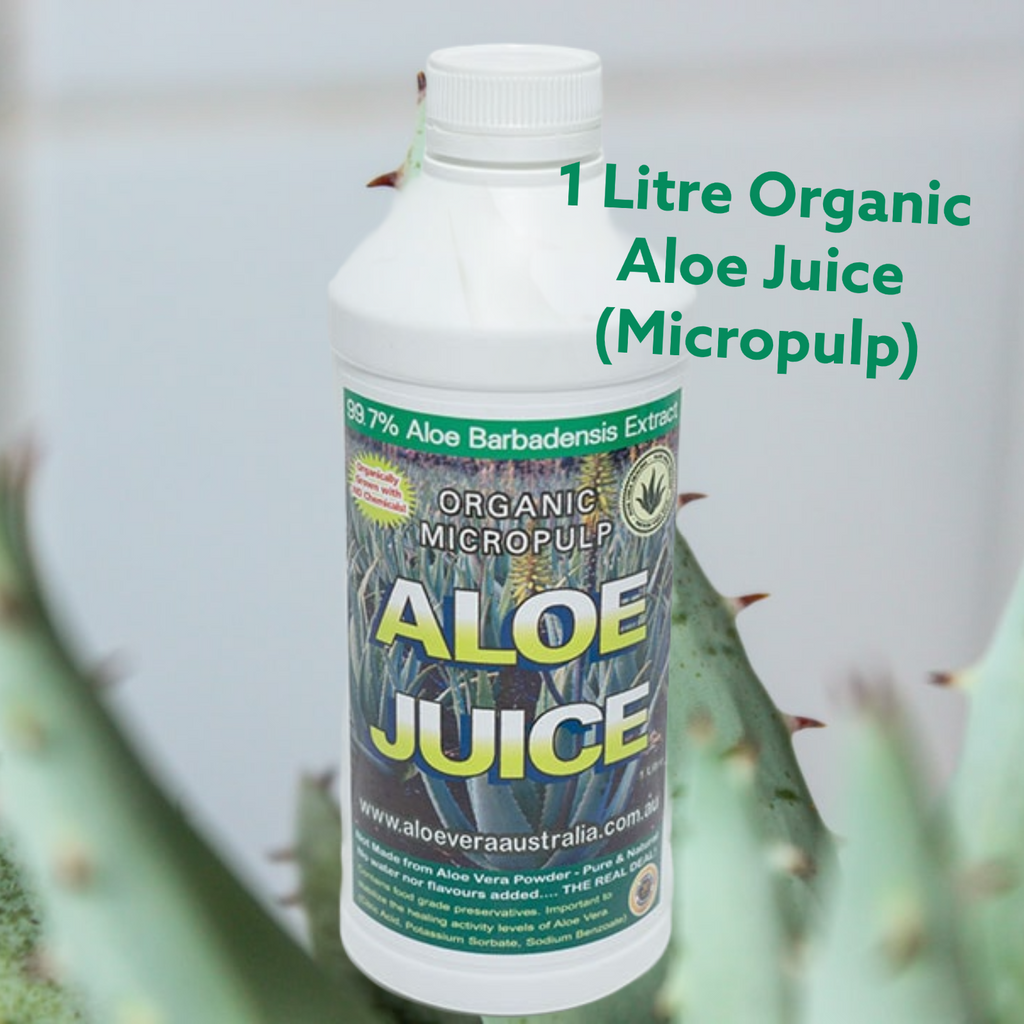 1 Litre Organic Aloe Juice (Micropulp). 99.7% Pure Food grade Aloe Vera Juice for drinking.  PLEASE READ THE PRODUCT LABEL IN THE IMAGES OF THIS LISTING. THIS LABEL GIVES THE INGREDIENTS, SUGGESTIONS FOR DRINKING AND FURTHER INFORMATION ON THIS PRODUCT.  Product Brand- Aloe Vera Australia  Aloe Vera Juice obtained from the inner leaf gel of potent Aloe Barbadensis Variety. Grown Organically in rich & fertile volcanic soils. Very high in beneficial polysaccharides Contains all the vitamins, minerals, amino a