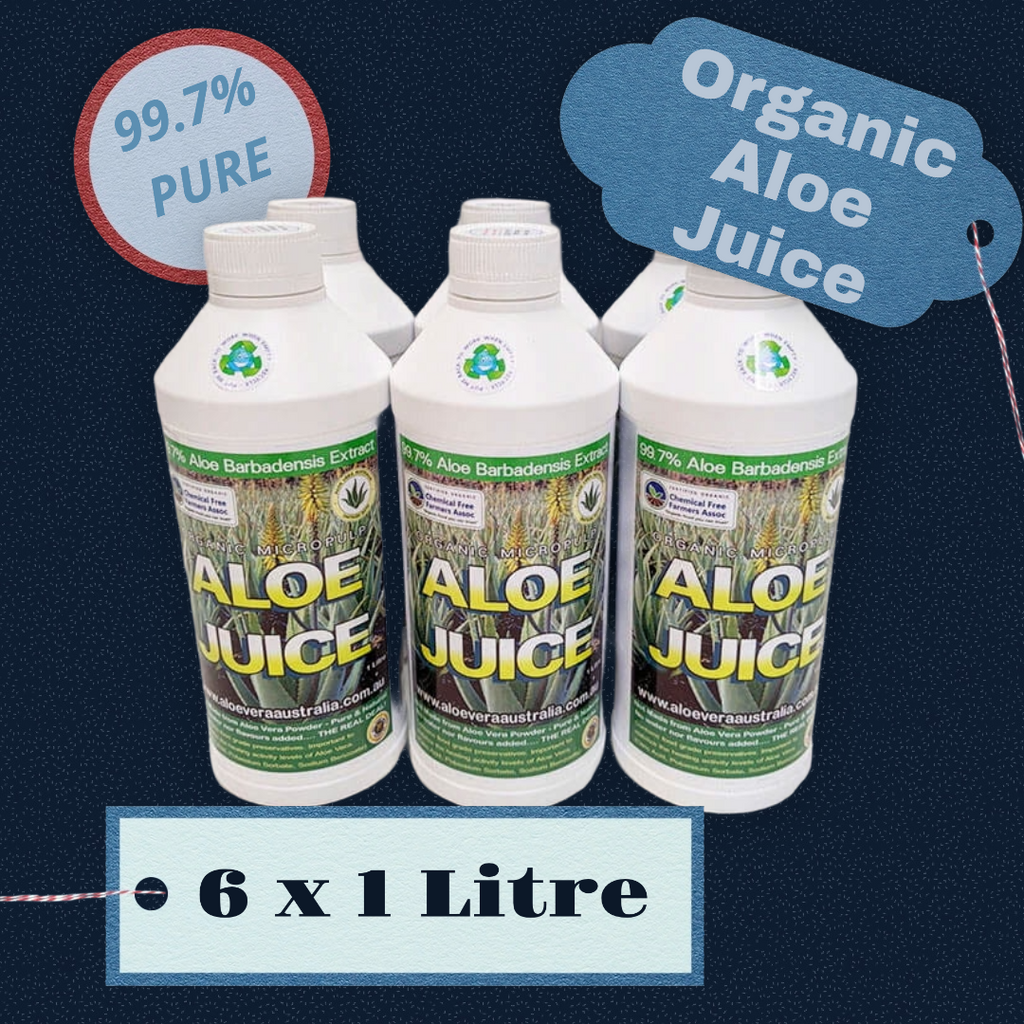 6x 1 Litre Organic Aloe Juice (Micropulp). 99.7% Pure Food grade Aloe Vera Juice for drinking.    FREE SHIPPING FOR ALL ORDERS OVER $60.00 AUSTRALIA WIDE.   PLEASE READ THE PRODUCT LABEL IN THE IMAGES OF THIS LISTING. THIS LABEL GIVES THE INGREDIENTS, SUGGESTIONS FOR DRINKING AND FURTHER INFORMATION ON THIS PRODUCT.    Product Brand- Aloe Vera Australia  Aloe Vera Juice obtained from the inner leaf gel of potent Aloe Barbadensis Variety. Grown Organically in rich & fertile volcanic soils. Very high in benef
