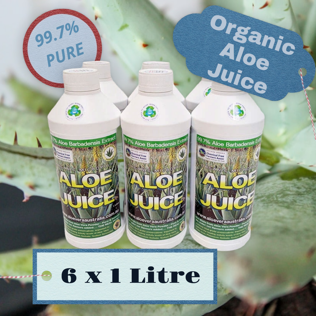 6x 1 Litre Organic Aloe Juice (Micropulp). 99.7% Pure Food grade Aloe Vera Juice for drinking.    FREE SHIPPING FOR ALL ORDERS OVER $60.00 AUSTRALIA WIDE.   PLEASE READ THE PRODUCT LABEL IN THE IMAGES OF THIS LISTING. THIS LABEL GIVES THE INGREDIENTS, SUGGESTIONS FOR DRINKING AND FURTHER INFORMATION ON THIS PRODUCT.    Product Brand- Aloe Vera Australia  Aloe Vera Juice obtained from the inner leaf gel of potent Aloe Barbadensis Variety. Grown Organically in rich & fertile volcanic soils. Very high in benef