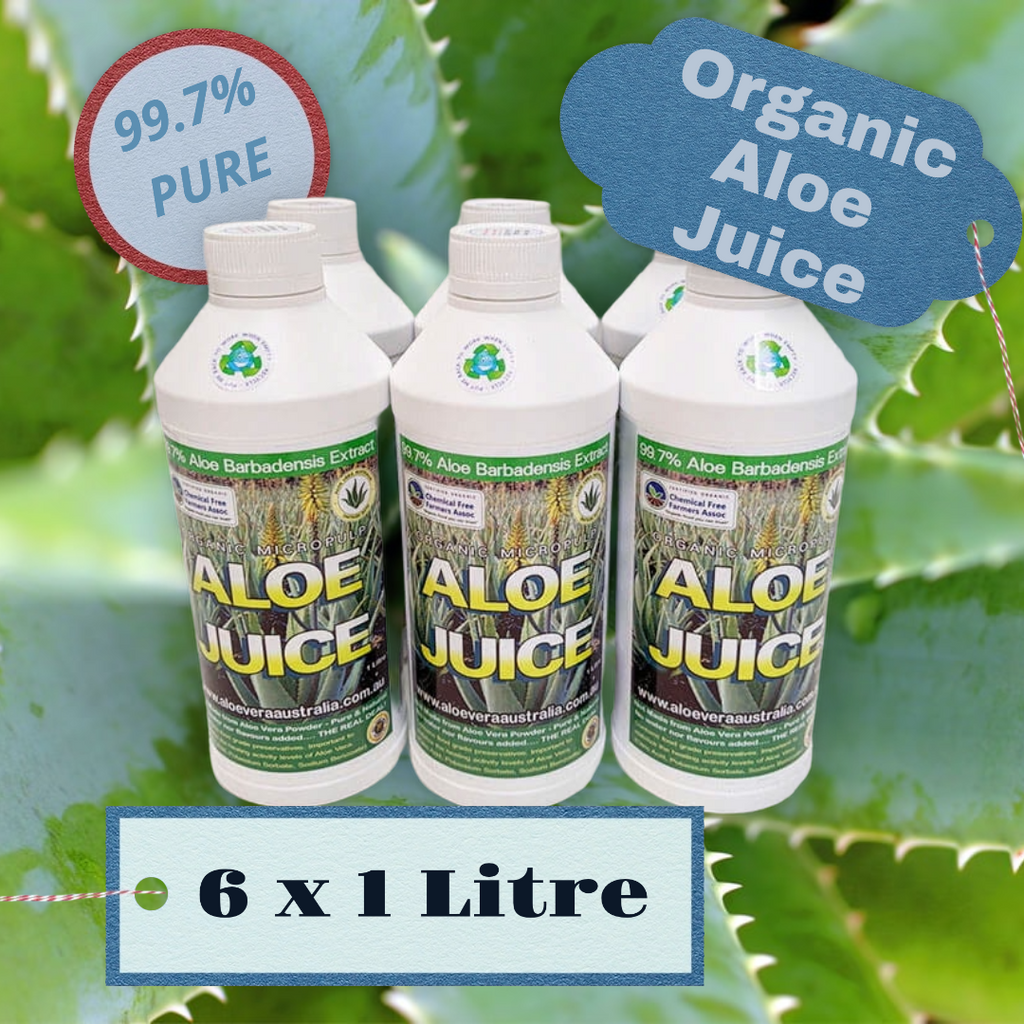 6x 1 Litre Organic Aloe Juice (Micropulp). 99.7% Pure Food grade Aloe Vera Juice for drinking.    FREE SHIPPING FOR ALL ORDERS OVER $60.00 AUSTRALIA WIDE.   PLEASE READ THE PRODUCT LABEL IN THE IMAGES OF THIS LISTING. THIS LABEL GIVES THE INGREDIENTS, SUGGESTIONS FOR DRINKING AND FURTHER INFORMATION ON THIS PRODUCT.    Product Brand- Aloe Vera Australia  Aloe Vera Juice obtained from the inner leaf gel of potent Aloe Barbadensis Variety. Grown Organically in rich & fertile volcanic soils. Very high in benef