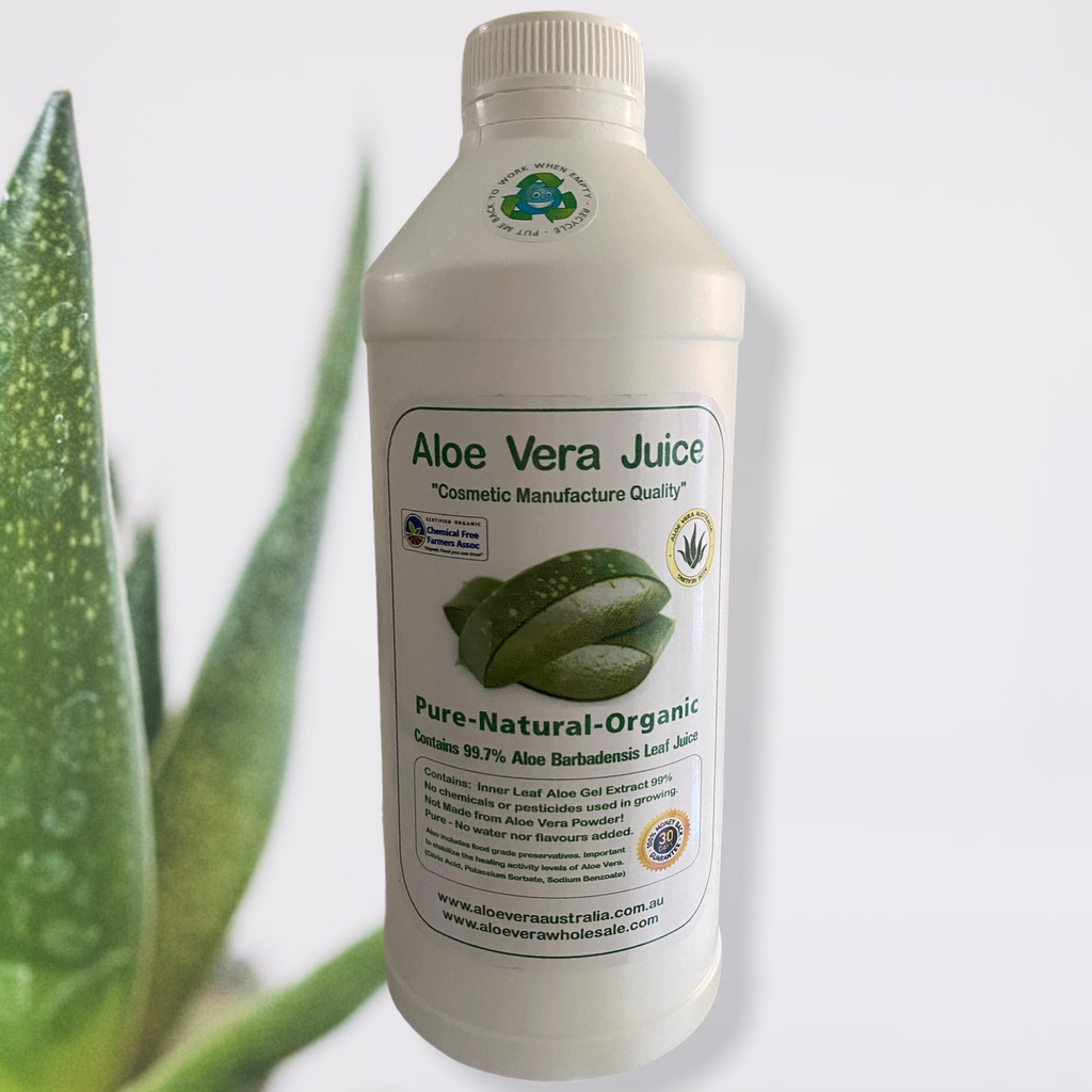 ALOE VERA JUICE- 1 Litre- Cosmetic Manufacture  Cosmetic Manufacture Quality Pure-Natural-Organic Contains 99.7% Aloe Barbadensis Leaf Juice Perfect as an ingredient in DYI cosmetics, hand sanitisers etc  Contains- Inner Leaf Aloe Gel Extract 99%. No chemicals or pesticides used in growing. Not made from Aloe Vera Powder! Pure- No water nor flavours added. 