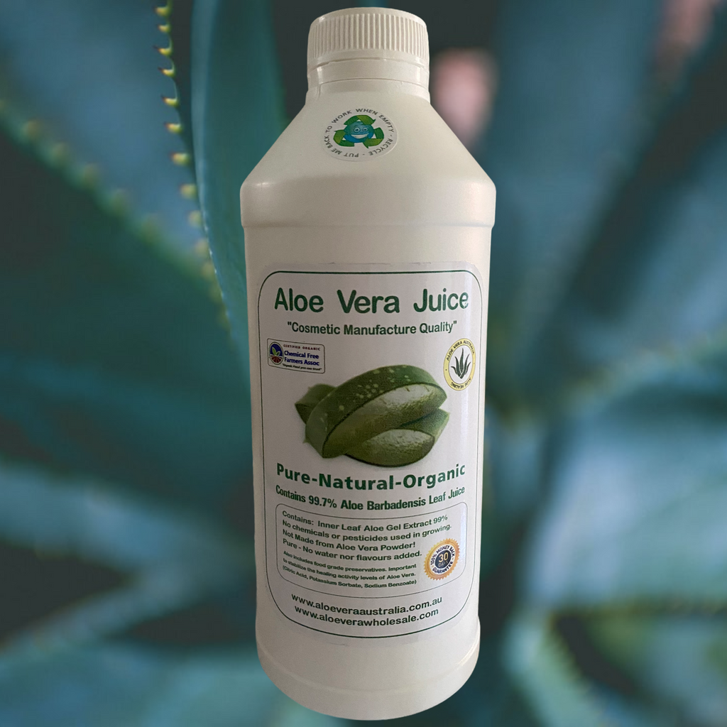 ALOE VERA JUICE- 1 Litre- Cosmetic Manufacture  Cosmetic Manufacture Quality Pure-Natural-Organic Contains 99.7% Aloe Barbadensis Leaf Juice Perfect as an ingredient in DYI cosmetics, hand sanitisers etc. DYI Natural Beauty. Natural beauty Australia