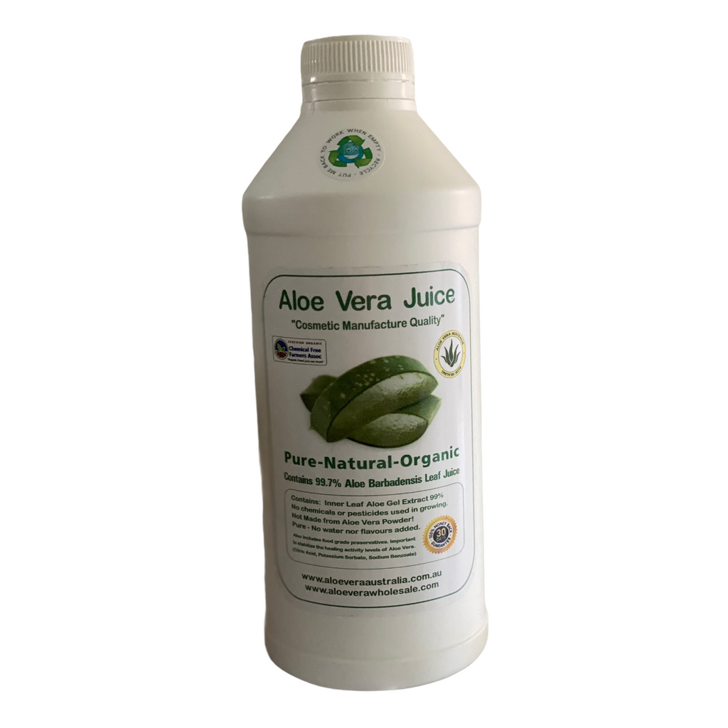 ALOE VERA JUICE- 1 Litre- Cosmetic Manufacture  Cosmetic Manufacture Quality Pure-Natural-Organic Contains 99.7% Aloe Barbadensis Leaf Juice Perfect as an ingredient in DYI cosmetics, hand sanitisers etc. Buy online Australia. 