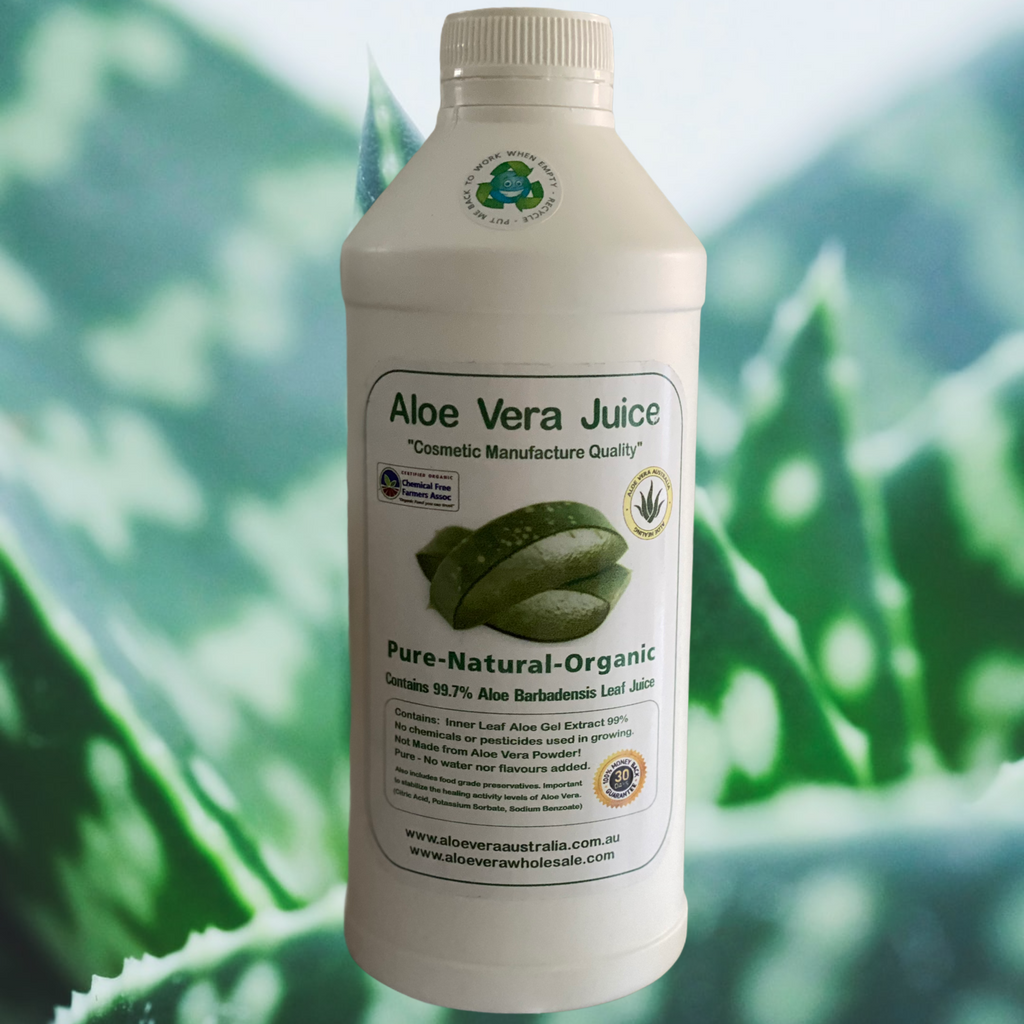  PRODUCT INFORMATION:  •	Barbadensis Leaf Juice •	Aloe Vera Juice obtained from the inner leaf gel of potent Aloe Barbadensis Variety. •	Grown Organically in rich & fertile volcanic soils. •	Very high in beneficial polysaccharides •	Contains all the vitamins, minerals, amino acids and trace elements of the living plant. •	Vitamins: A, B2, B6, B12, C and E.