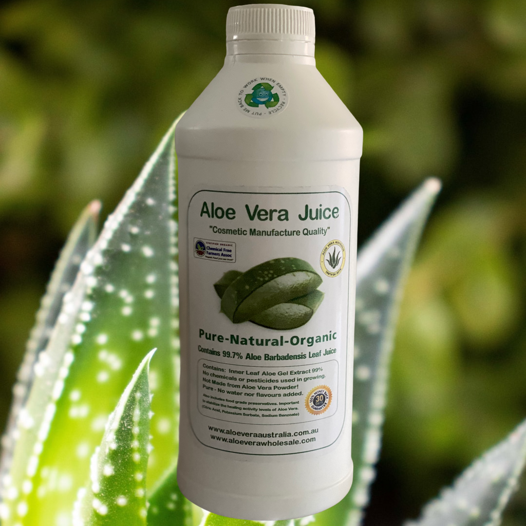 Aloe Vera Juice•	Grown Organically in rich & fertile volcanic soils. •	Very high in beneficial polysaccharides •	Contains all the vitamins, minerals, amino acids and trace elements of the living plant. •	Vitamins: A, B2, B6, B12, C and E. •	Minerals: Calcium, Sodium, Potassium, Manganese, Magnesium, Copper, Zinc, Chromium and Selenium. Also 20 Amino Acids. • DYI cosmetic ingredients. Natural Beauty