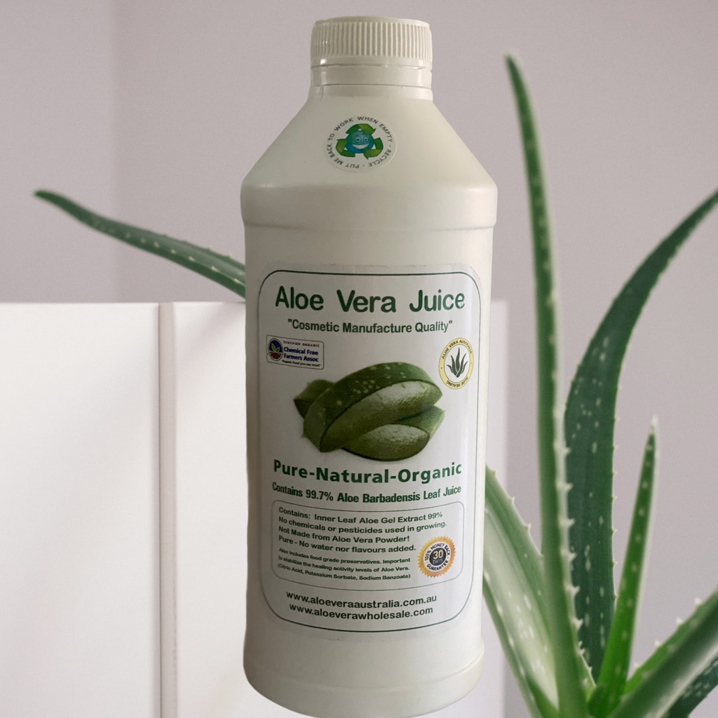 ALOE VERA JUICE- 1 Litre- Cosmetic Manufacture  Cosmetic Manufacture Quality Pure-Natural-Organic Contains 99.7% Aloe Barbadensis Leaf Juice Perfect as an ingredient in DYI cosmetics, hand sanitisers etc. Buy online Australia