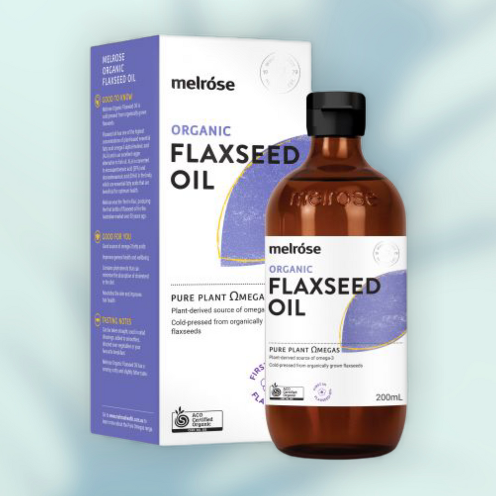  Melrose Organic Flaxseed Oil is cold-pressed from organically grown flaxseeds. Flaxseed oil has one of the highest concentrations of plant-based essential fatty acid omega-3 alpha-linolenic acid (ALA) and is an excellent vegan alternative to fish oil. ALA is converted to eicosapentaenoic acid (EPA) and docosahexaenoic acid (DHA) in the body, which are essential fatty acids that help support brain and cognitive health.  Melrose was the ‘first in flax’, producing the first bottle of flaxseed oil for the Aust