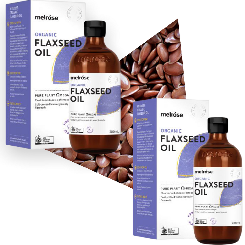  Melrose Organic Flaxseed Oil is cold-pressed from organically grown flaxseeds. Flaxseed oil has one of the highest concentrations of plant-based essential fatty acid omega-3 alpha-linolenic acid (ALA) and is an excellent vegan alternative to fish oil. ALA is converted to eicosapentaenoic acid (EPA) and docosahexaenoic acid (DHA) in the body, which are essential fatty acids that help support brain and cognitive health.  Melrose was the ‘first in flax’, producing the first bottle of flaxseed oil for the Aust