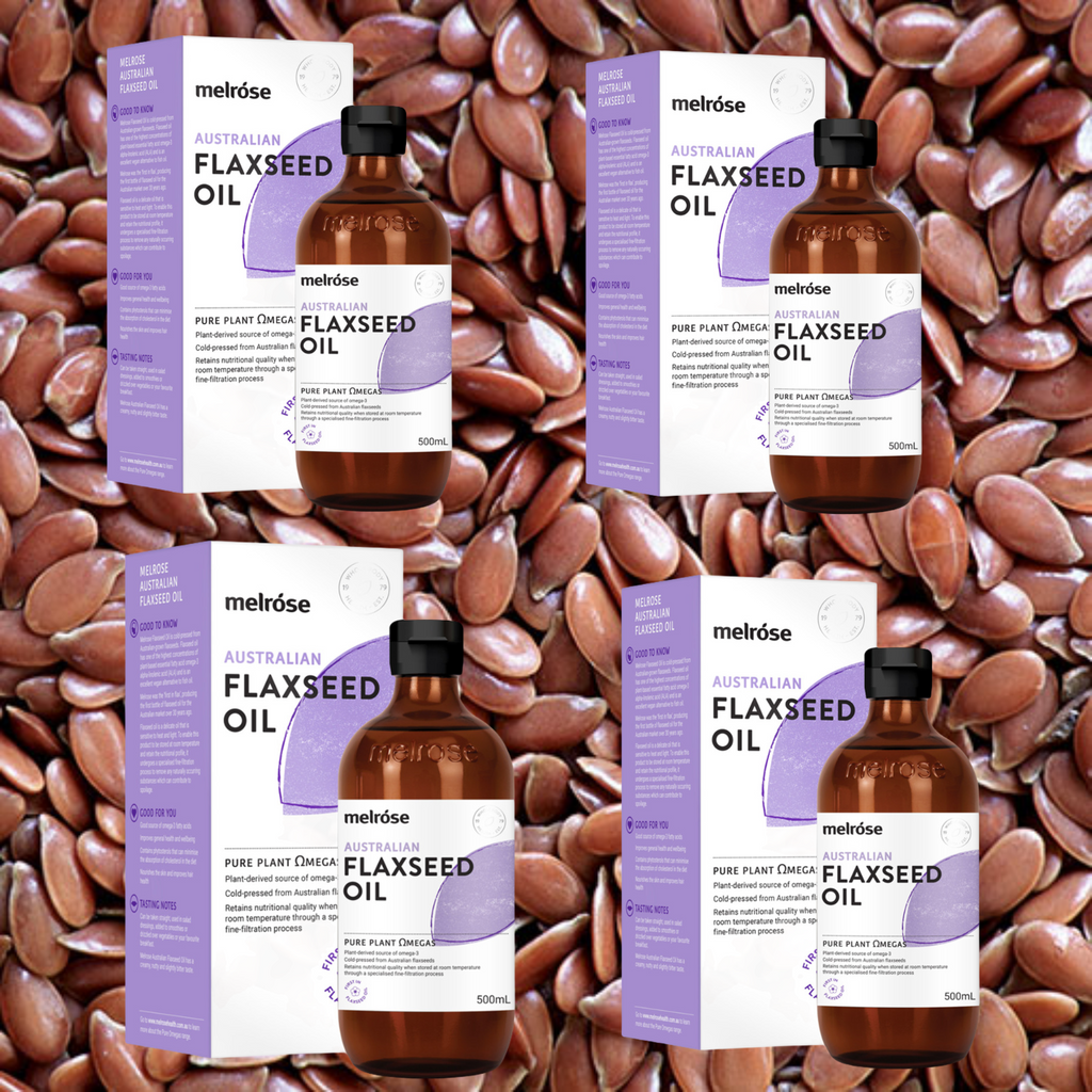 Melrose Australian Flaxseed Oil 500ml x 4 bottles  ON SALE. FREE SHIPPING FOR ALL ORDERS OVER $60 AUSTRALIA WIDE.     PRODUCT DETAILS:   Melrose Flaxseed Oil is cold-pressed from Australian-grown flaxseeds. Flaxseed oil has one of the highest concentrations of plant-based essential fatty acid omega-3 alpha-linolenic acid (ALA) and is an excellent vegan alternative to fish oil.