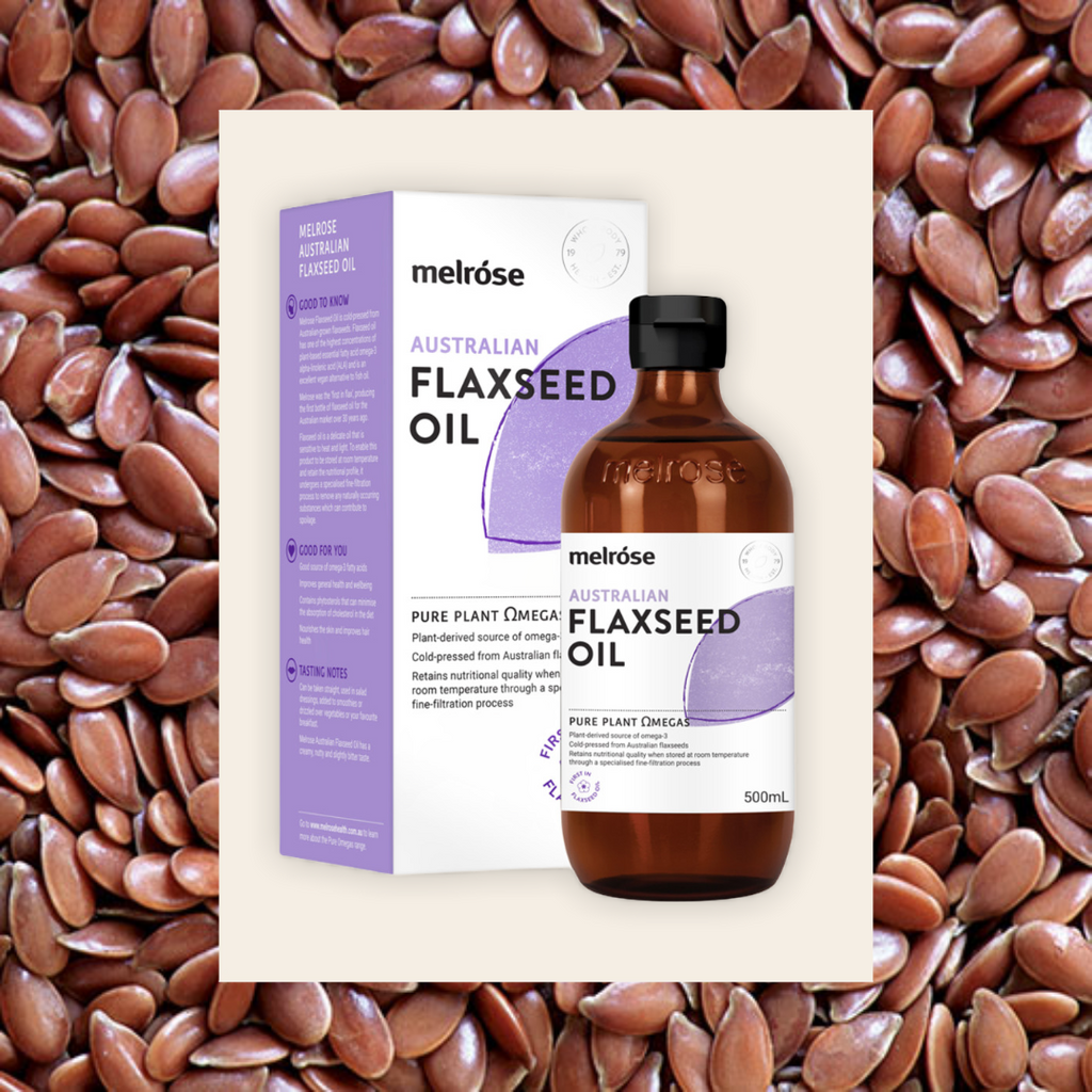Melrose Australian Flaxseed Oil 500ml   PRODUCT DETAILS:  Melrose Flaxseed Oil is cold-pressed from Australian-grown flaxseeds. Flaxseed oil has one of the highest concentrations of plant-based essential fatty acid omega-3 alpha-linolenic acid (ALA) and is an excellent vegan alternative to fish oil.  Flaxseed oil is a delicate oil that is sensitive to heat and light. To enable this product to be stored at room temperature and retain the nutritional profile, it undergoes a specialised fine-filtration process