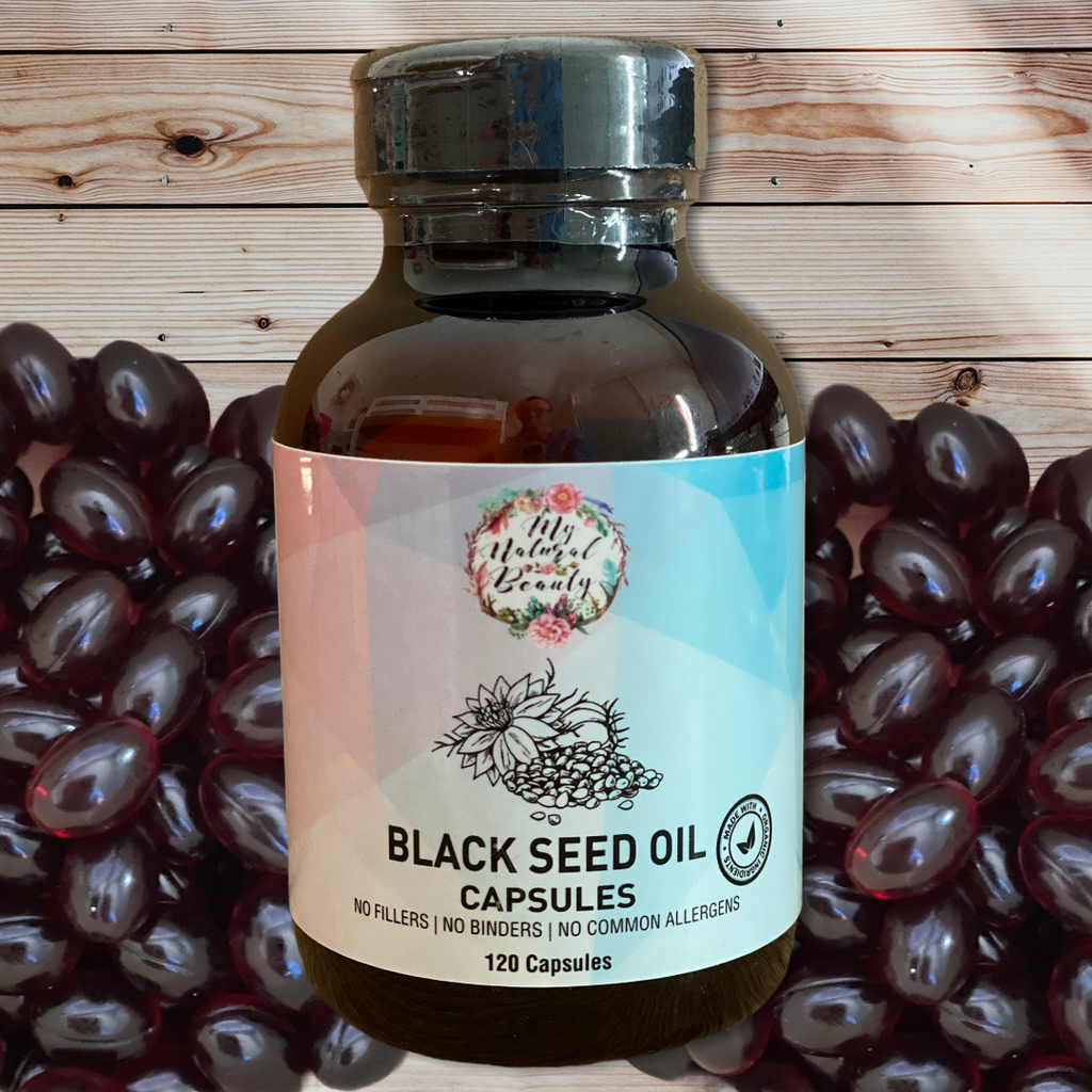  ORGANIC BLACK SEED OIL CAPSULES- 120 Capsules  100% PURE and NATURAL ORGANIC BLACK SEED OIL CAPSULES (NIGELLA SATIVA OIL) (Cold-Pressed)  Ingredients: BLACK SEED OIL (NIGELLA SATIVA OIL) (Cold-Pressed), soft gel vegetarian capsules.  120 capsules provides 60 servings of two capsules. Each serving contains 900mg of Black Seed Oil. My Natural Beauty’s Black Seed Oil capsules are the supplement of choice that may help support a healthy immune system. These capsules are rich in antioxidants and contain an abun