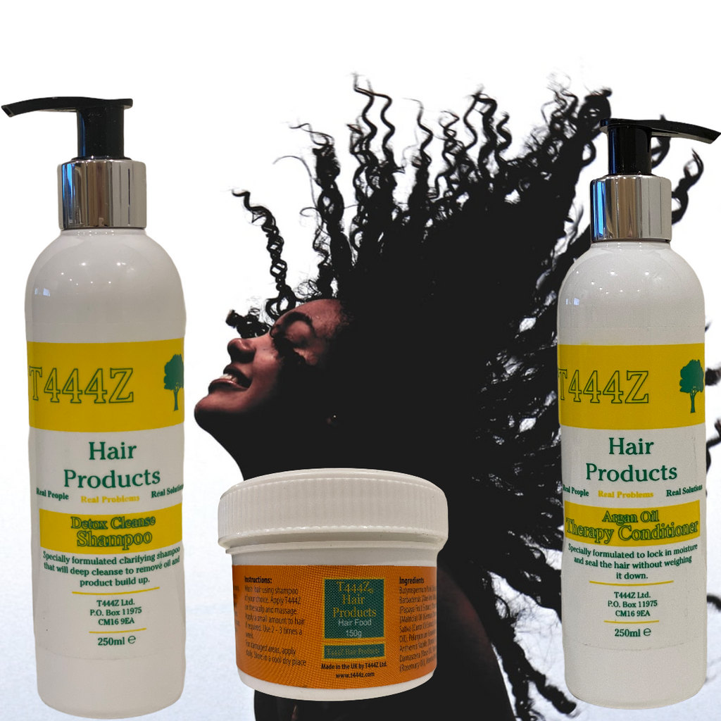 T444Z Shampoo, Conditioner and T444Z. zThis bundle contains:    1 x T444Z 250ml Detox Cleanse Shampoo   1 x T444Z 250ml Argan Oil Therapy Conditioner   1 x T444z Hair food -150g . Grow edges. Treat hair loss. Natural hair growth