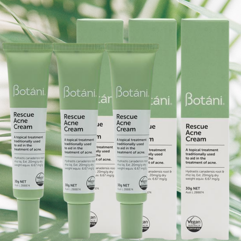 Botani Rescue Acne Cream 30g x 3- TRIPLE VALUE PACK    ON SALE FOR A LIMITED TIME ONLY     FREE SHIPPING FOR ALL ORDERS OVER $60.00 AUSTRALIA WIDE   A multi-purpose topical acne cream to aid in the treatment of blemishes and acne.       Natural acne-fighting hero!     NEW clinical trial results     99.9% kill factor on the bacteria that causes acne in just 30 minutes ***  87% said it cleared pimples**  75% noticed it clears blackheads**