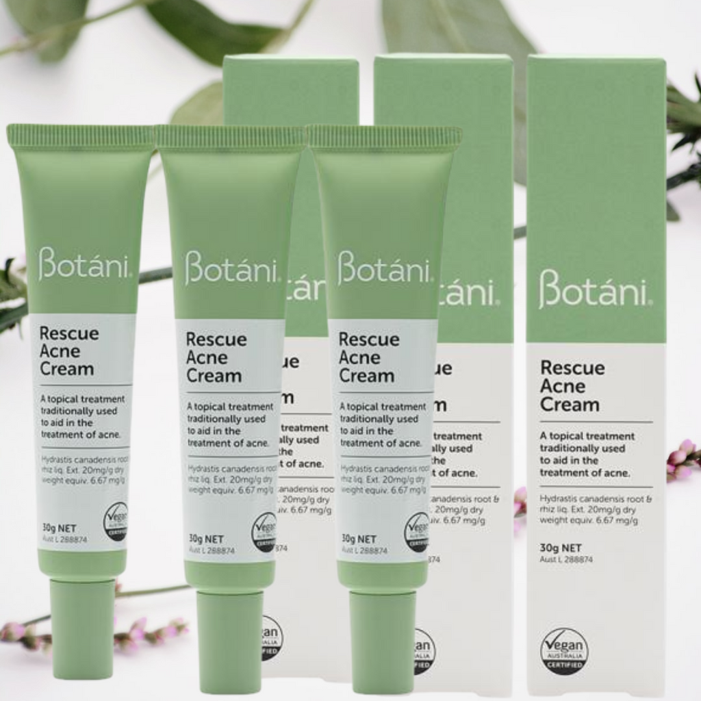 Botani Rescue Acne Cream 30g x 3- TRIPLE VALUE PACK    ON SALE FOR A LIMITED TIME ONLY     FREE SHIPPING FOR ALL ORDERS OVER $60.00 AUSTRALIA WIDE   A multi-purpose topical acne cream to aid in the treatment of blemishes and acne.       Natural acne-fighting hero!     NEW clinical trial results     99.9% kill factor on the bacteria that causes acne in just 30 minutes ***  87% said it cleared pimples**  75% noticed it clears blackheads**