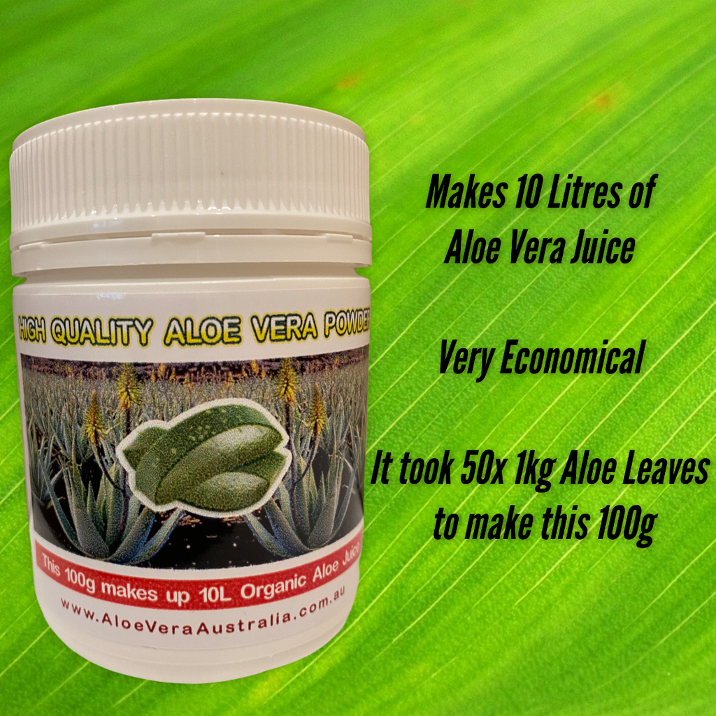 Premium Aloe Vera Powder 100g Makes 10 Lts Aloe Vera Juice  Free Shipping for all orders over $60.00 Australia wide.     Organically Grown Aloe Vera No Preservatives  Brand- Aloe Vera Australia    