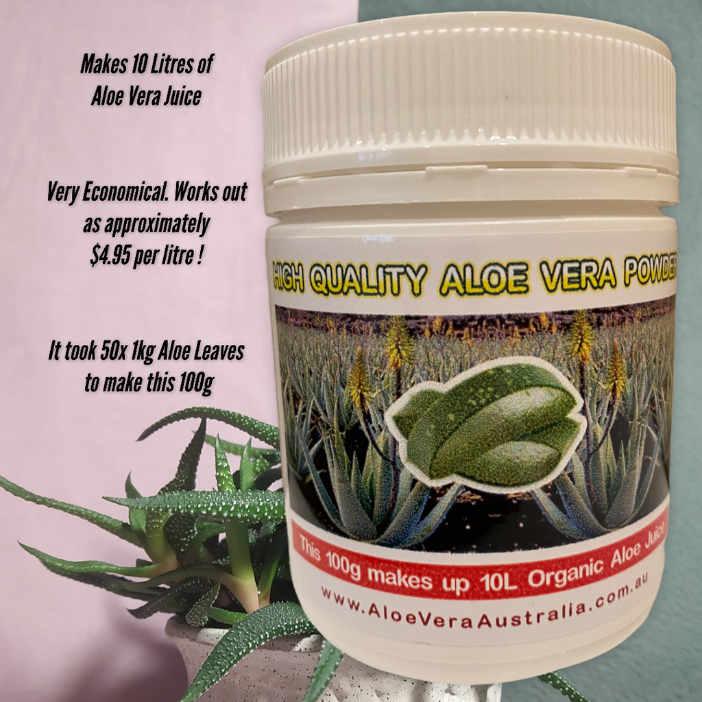 Premium Aloe Vera Powder 100g Makes 10 Lts Aloe Vera Juice  Free Shipping for all orders over $60.00 Australia wide.     Organically Grown Aloe Vera No Preservatives  Brand- Aloe Vera Australia    