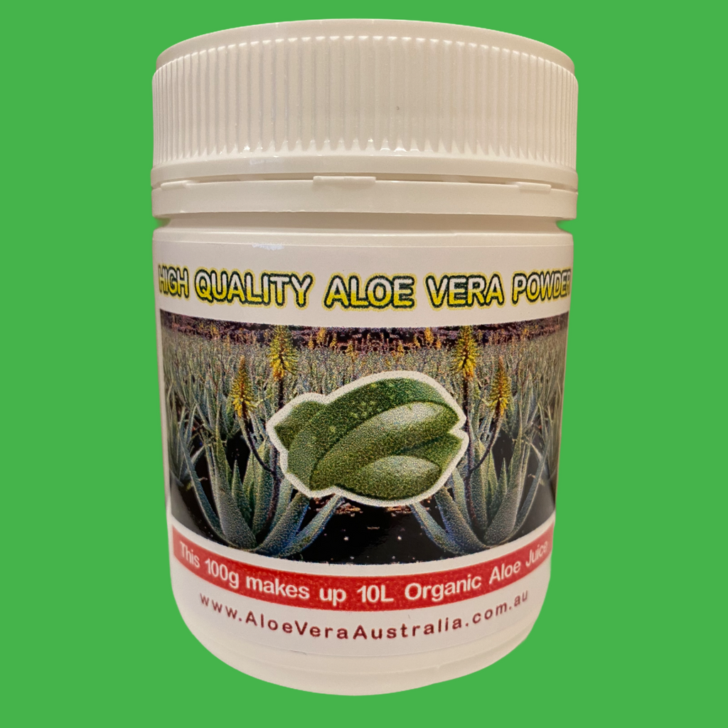 Aloe Vera powder 100g Aloe Vera Australia   Unique mix of 200:1 Dehydrated & Spray dried Organic Aloe Vera Inner leaf gel No Preservatives added – It took 50 x 1kg Aloe leaves to make this 100g  