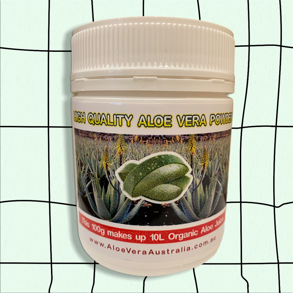 Aloe Vera powder 100g Aloe Vera Australia   Unique mix of 200:1 Dehydrated & Spray dried Organic Aloe Vera Inner leaf gel No Preservatives added – It took 50 x 1kg Aloe leaves to make this 100g  